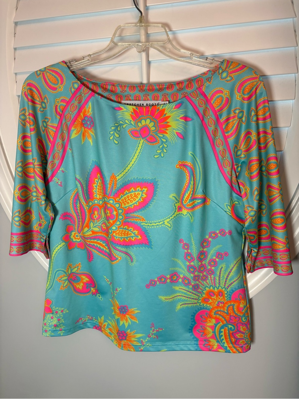 Gretchen Scott size large women’s bright colorful blouse